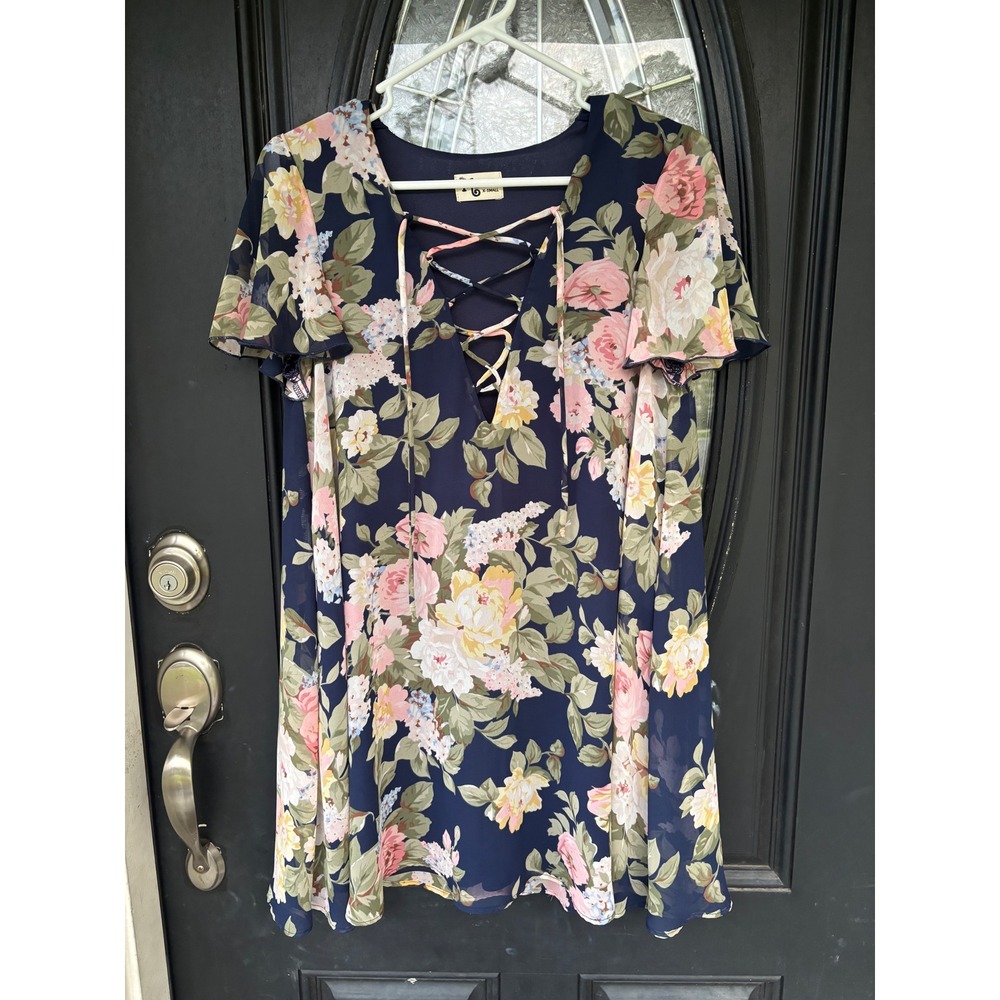 Show Me Your Mumu Kylie Lace Up Floral Dress Navy Blue XS Short Sleeve Mini